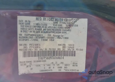 2007 Ford Taurus Sel from USA, damaged, VIN 1FAFP56U97A164614